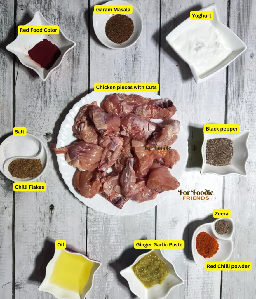 Tandoori Chicken ingredients shown on table with names mentioned of each 
