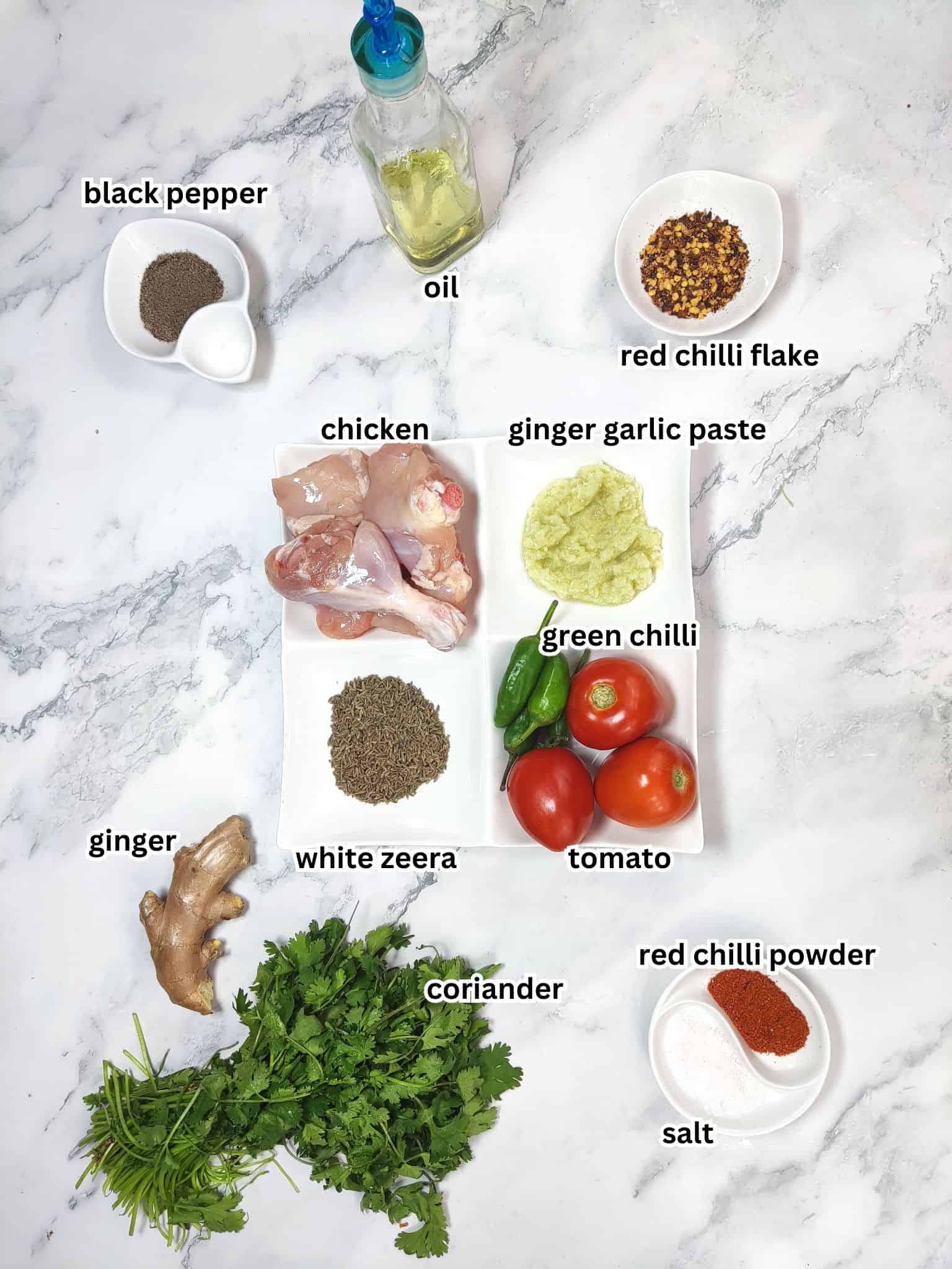chicken karahi ingredients shown on table