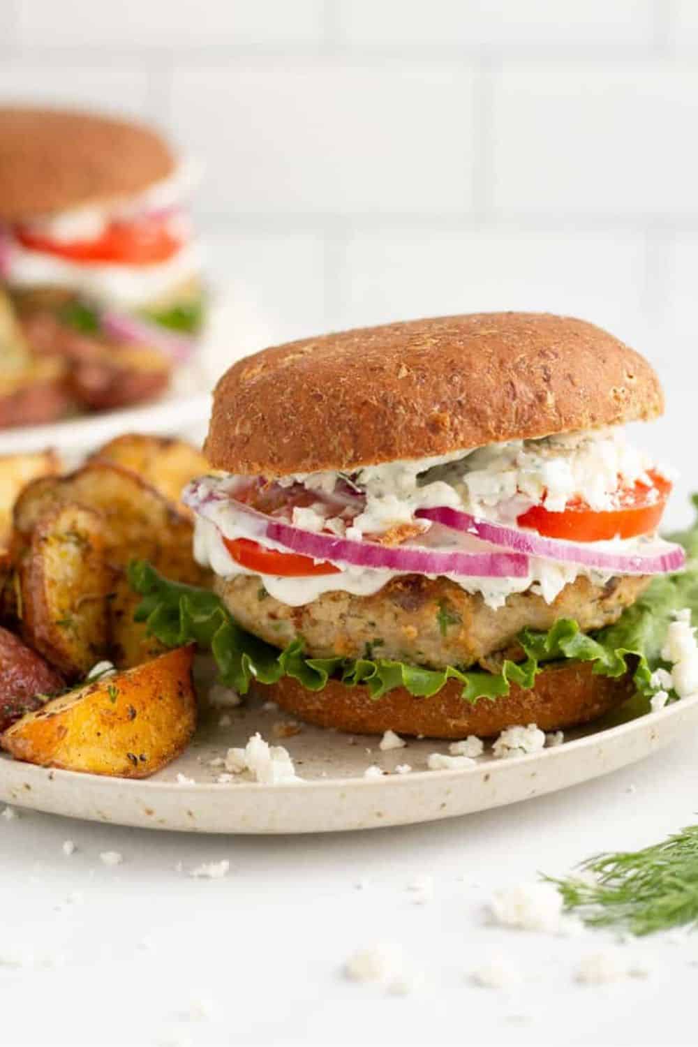 20-minute Greek turkey burgers olives feta oregano tzatziki cucumber pita Mediterranean fast weeknight bold flavors