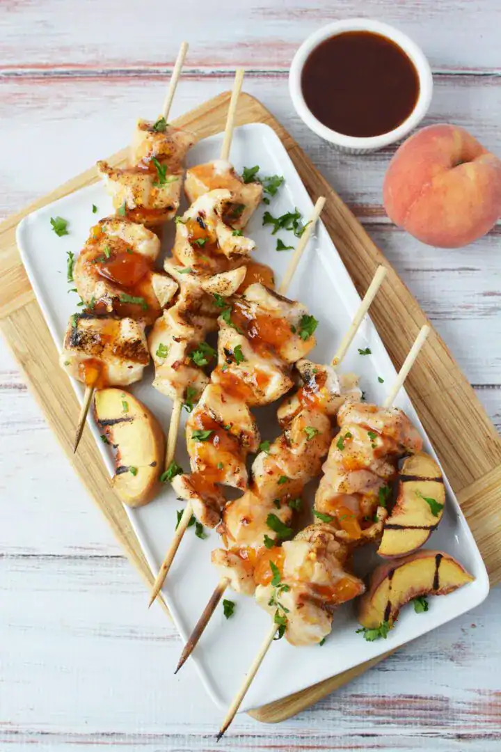 grilled peach BBQ chicken skewers summer fresh peaches sweet smoky preserves glaze juicy charred Southern