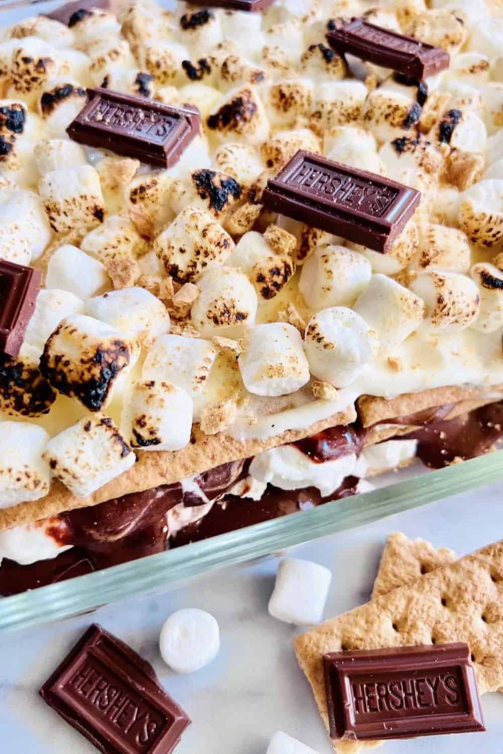 s'mores icebox cake graham crackers chocolate pudding marshmallow no-bake summer party kids campfire flavor 4th July
