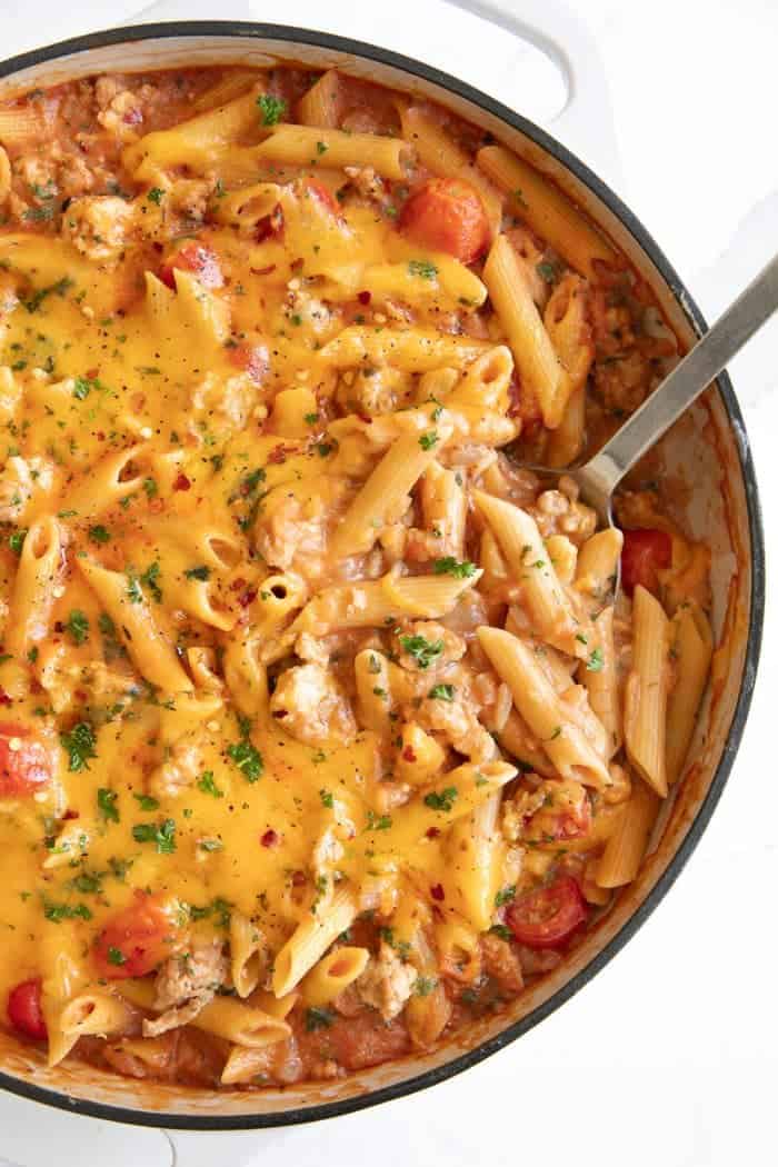 ground turkey pasta cheesy creamy tomato sauce 30-minute family weeknight protein-rich gluten-free option satisfying