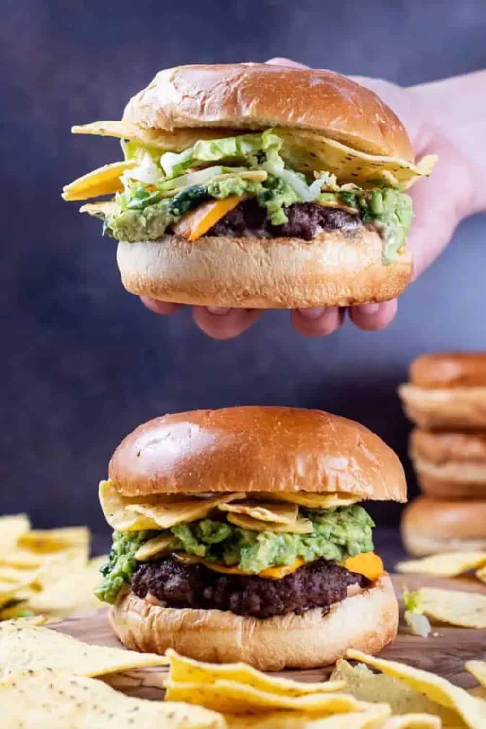 cheesy loaded nacho burgers Tex-Mex jalapeños queso pepper jack tortilla chips bold loaded over-the-top game day