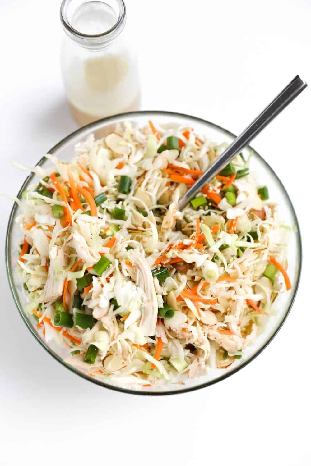 chicken cabbage salad sesame vinaigrette shredded coleslaw mix carrots scallions Asian-inspired light no-cook summer