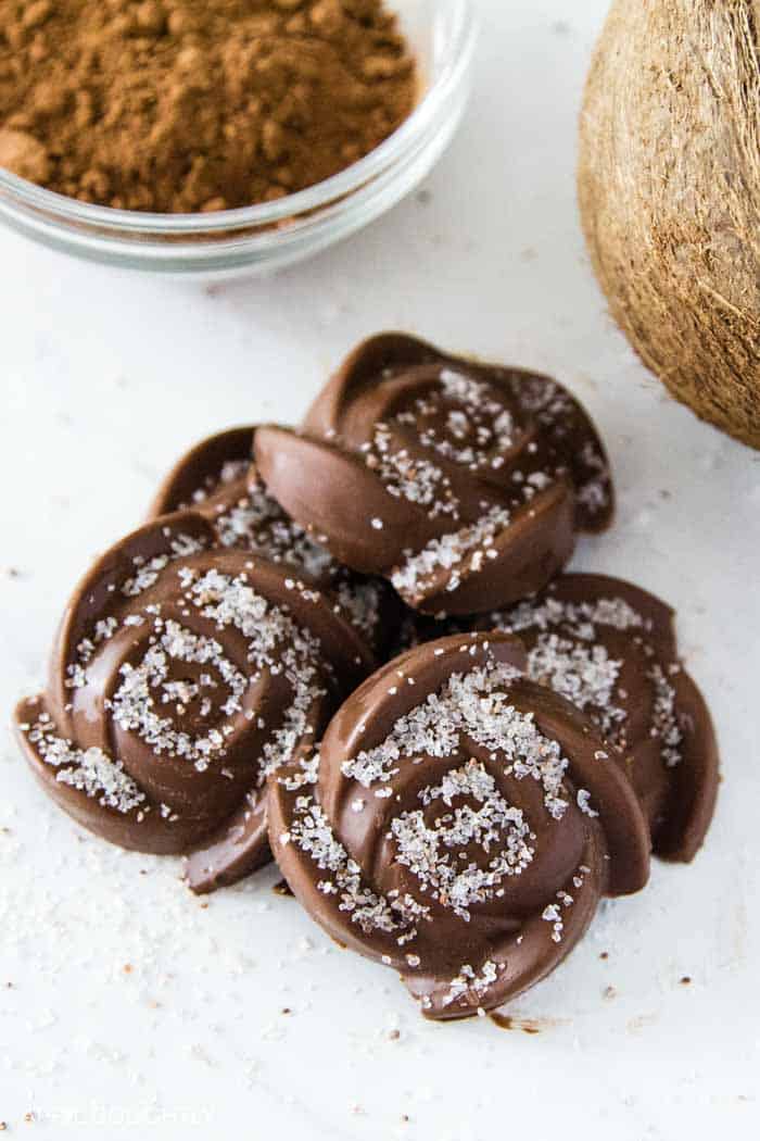 Chocolate coconut nests garnished with sea salt, surrounded by cocoa powder and whole coconut.