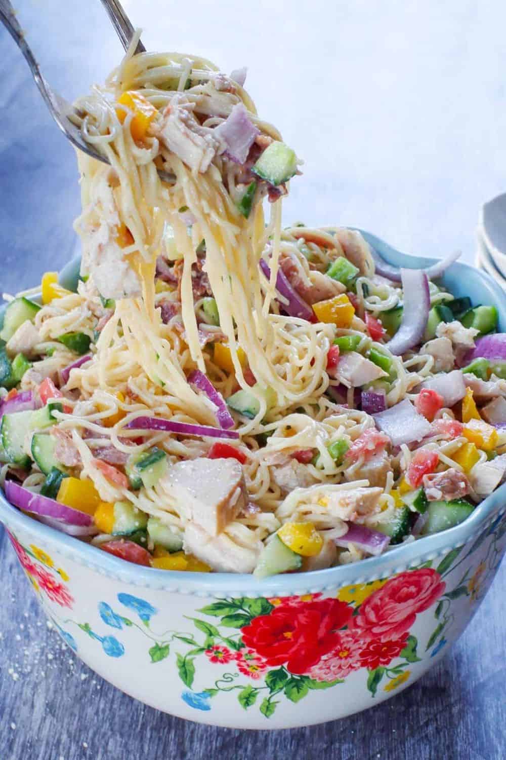 creamy chicken bacon ranch pasta salad rotini cherry tomatoes cheddar crispy bacon hearty potluck BBQ summer side