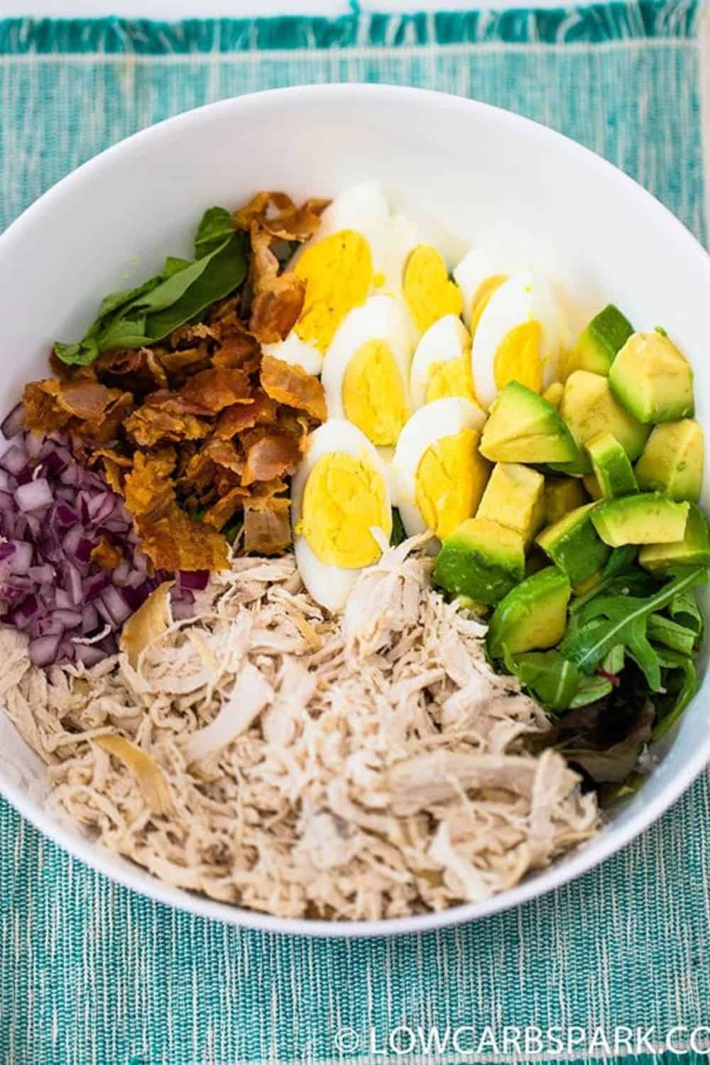 keto chicken salad low-carb high-fat bacon avocado hard-boiled eggs cheddar ranch dressing meal-prep diet-friendly