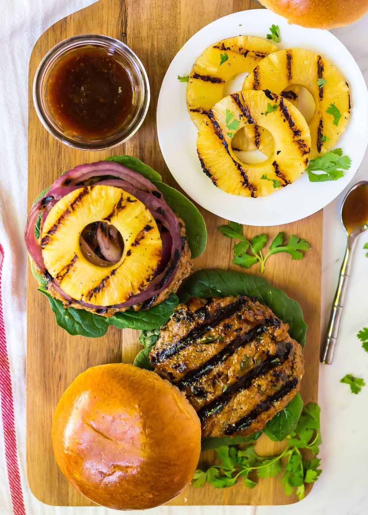 teriyaki burgers grilled pineapple Hawaiian Asian-inspired sweet savory ginger soy sauce tropical summer BBQ