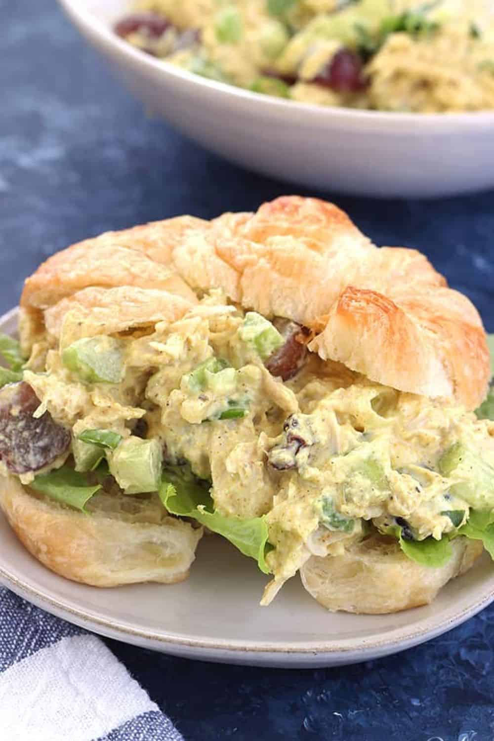 Greek yogurt curry chicken salad lighter healthier creamy mango chutney raisins almonds Indian-inspired flavors lunch