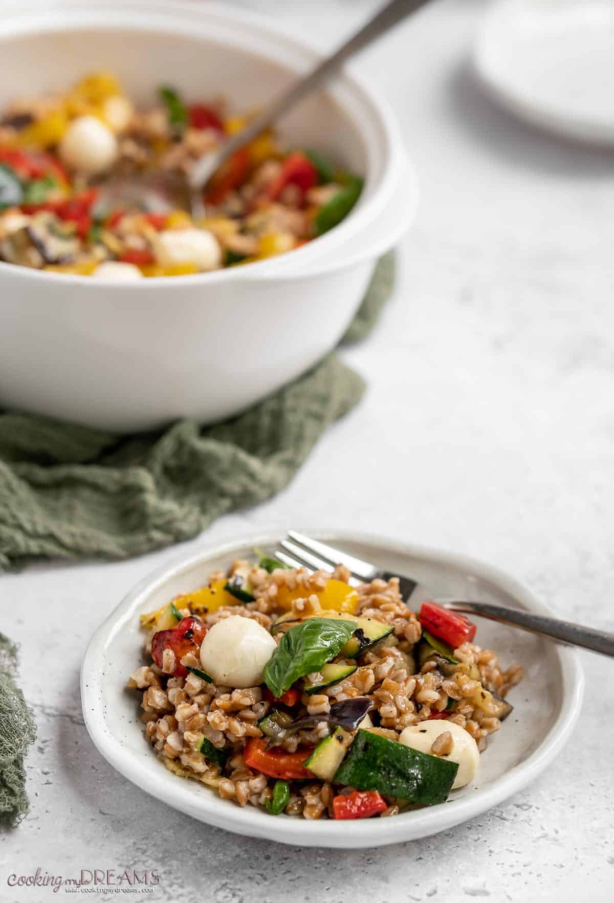 summer farro salad grilled vegetables fresh mozzarella basil Italian-inspired hearty whole grain protein lunch picnic