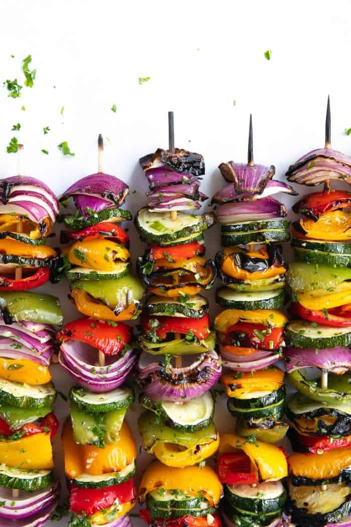 grilled veggie skewers bell peppers zucchini red onion mushrooms balsamic garlic herb sauce vegetarian colorful summer
