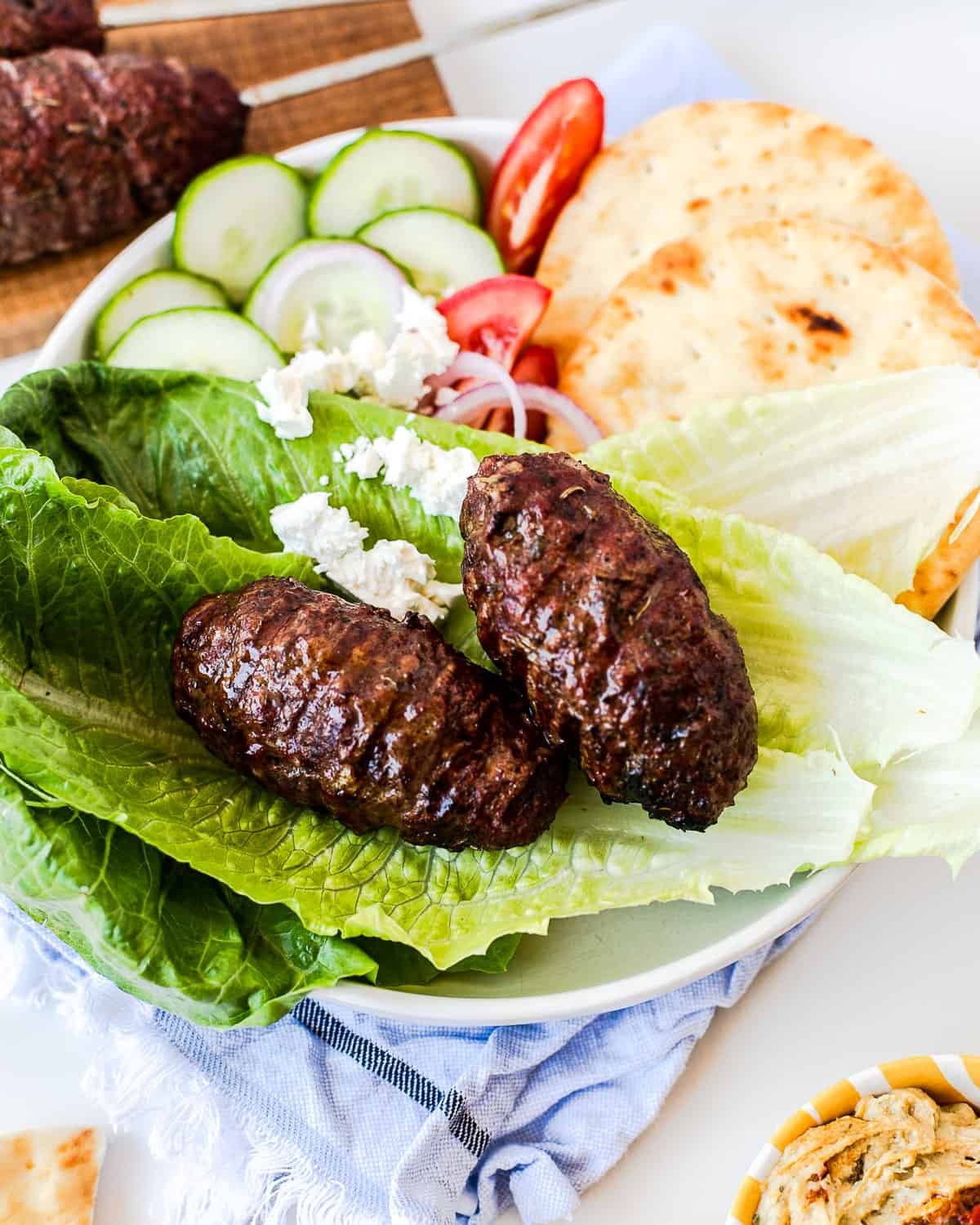 Mediterranean ground beef kabobs koftas spiced cumin coriander parsley grilled hummus pita summer Middle Eastern