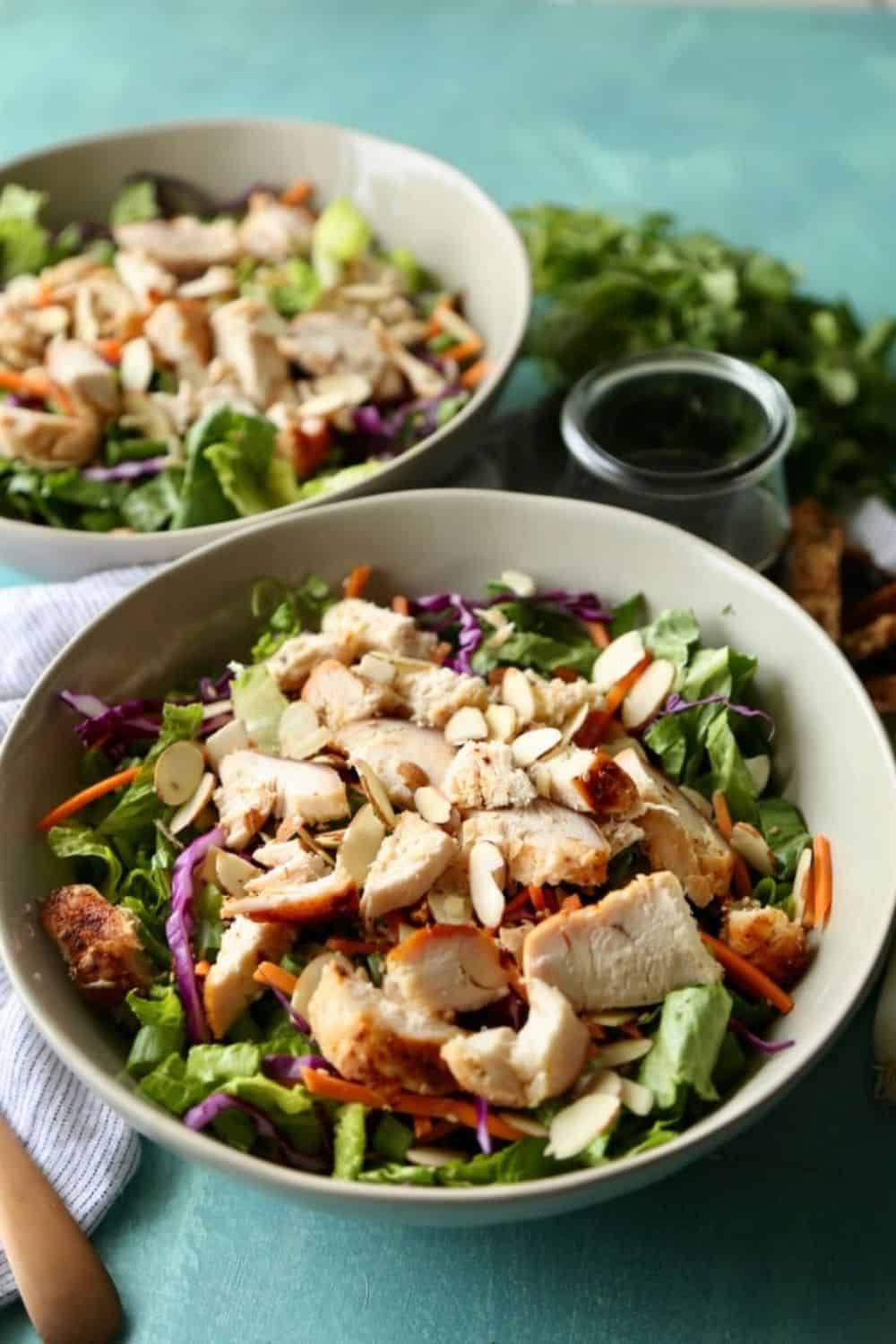 oriental Asian chicken salad shredded cabbage carrots crispy noodles sesame ginger dressing tangy crunchy lunch