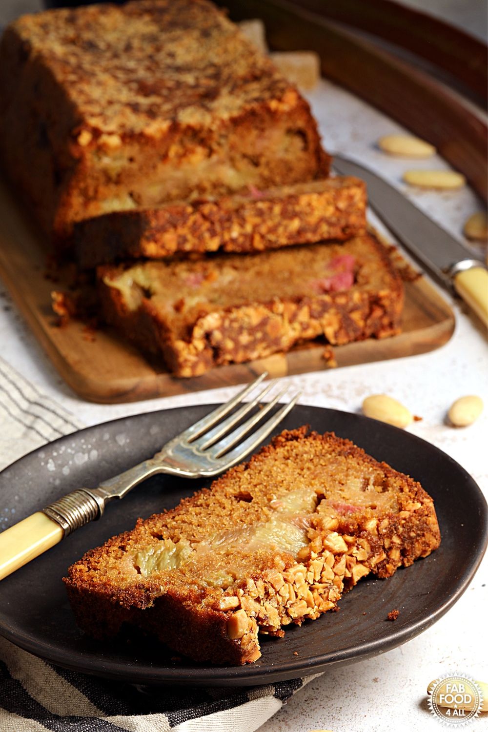 rhubarb ginger cake muscovado sugar almond topping tart sweet British loaf cake afternoon tea spring summer