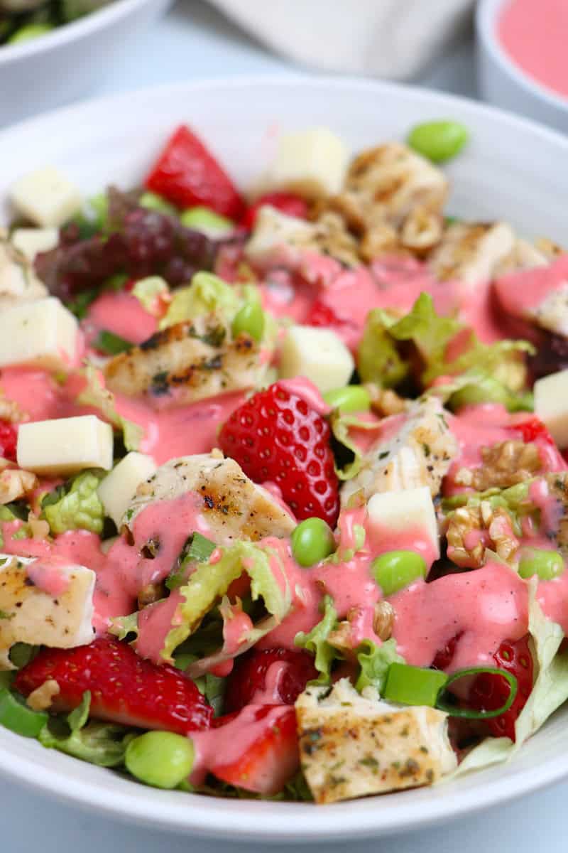 grilled chicken strawberry salad red leaf lettuce edamame goat cheese walnuts balsamic vinaigrette summer light healthy