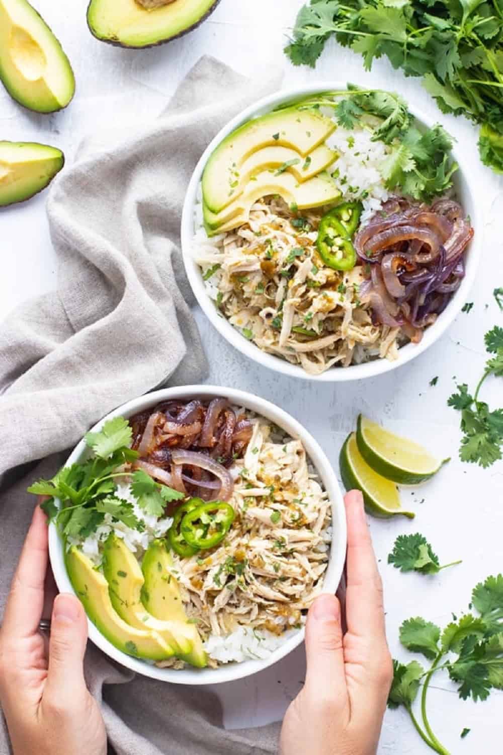 slow cooker shredded chicken burrito bowl Mexican rice black beans avocado salsa cilantro lime healthy Chipotle-style