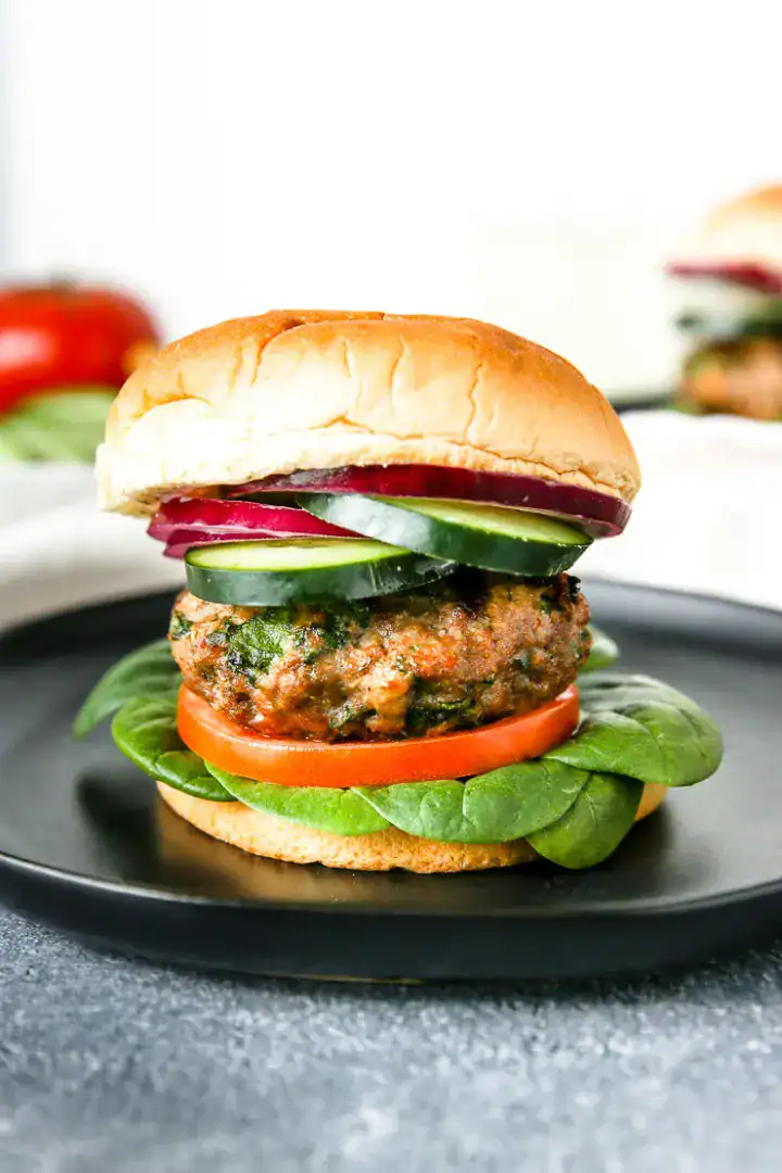 spinach feta turkey burgers Greek-inspired Mediterranean fresh spinach crumbled feta garlic dill yogurt sauce healthy