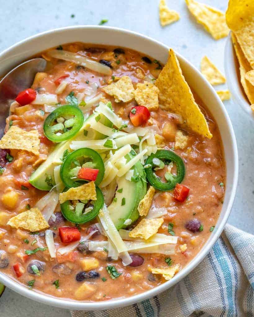 creamy vegetarian tortilla soup lentils black beans corn fire-roasted tomatoes plant-based meatless cilantro avocado