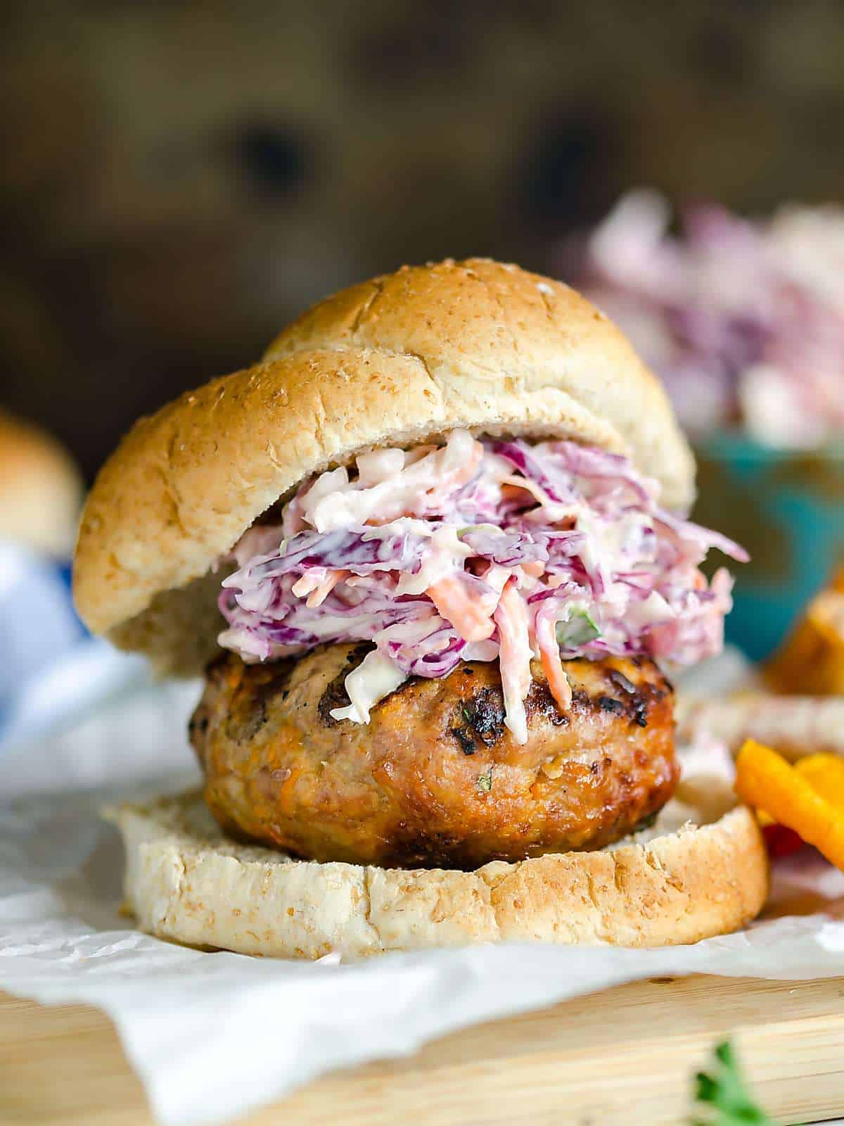 Asian turkey burgers homemade slaw ginger garlic soy sauce sriracha mayo Asian-inspired bold flavorful crunchy