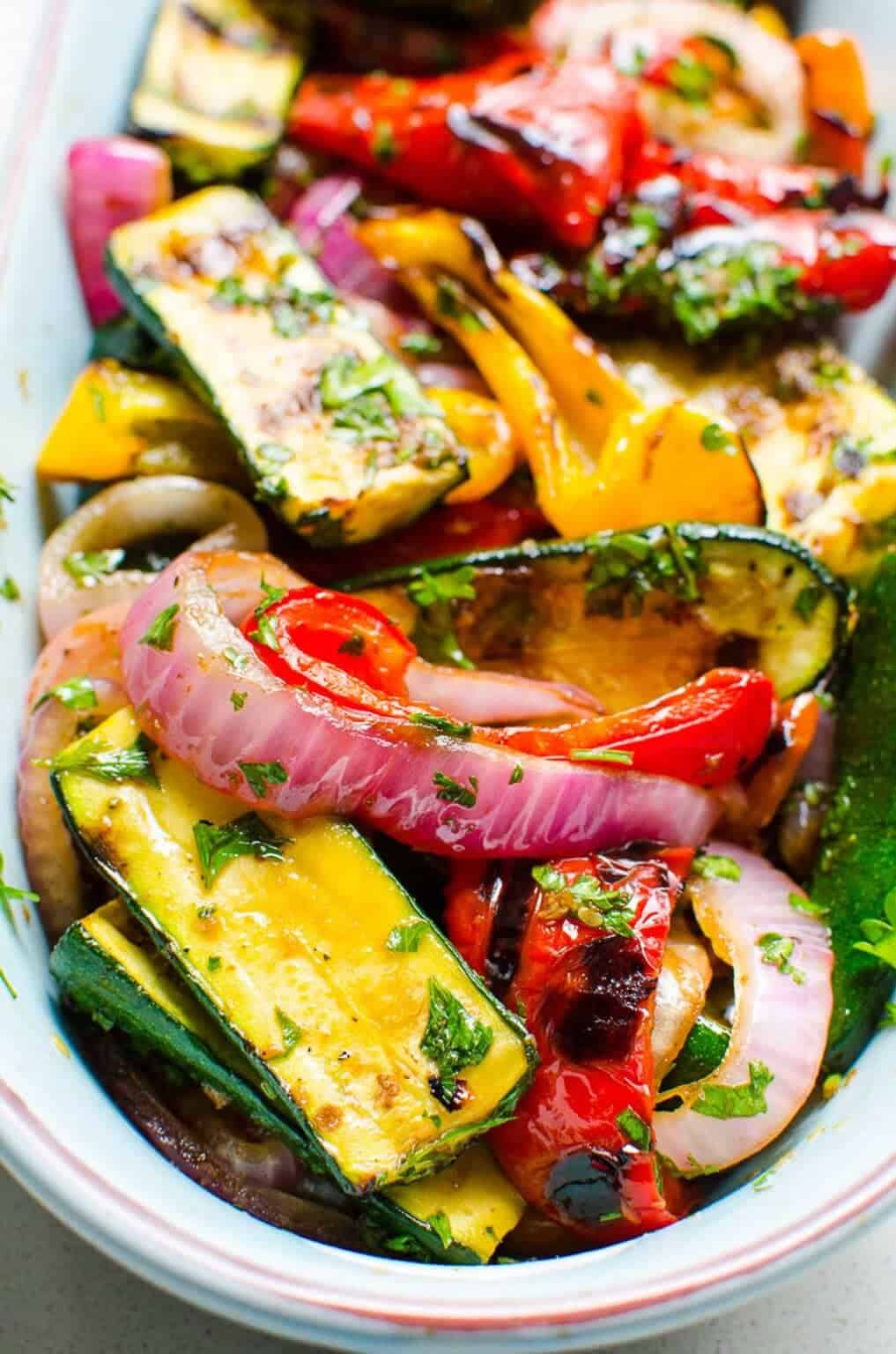balsamic grilled vegetables zucchini eggplant bell peppers asparagus charred tangy dressing vegan side BBQ potluck