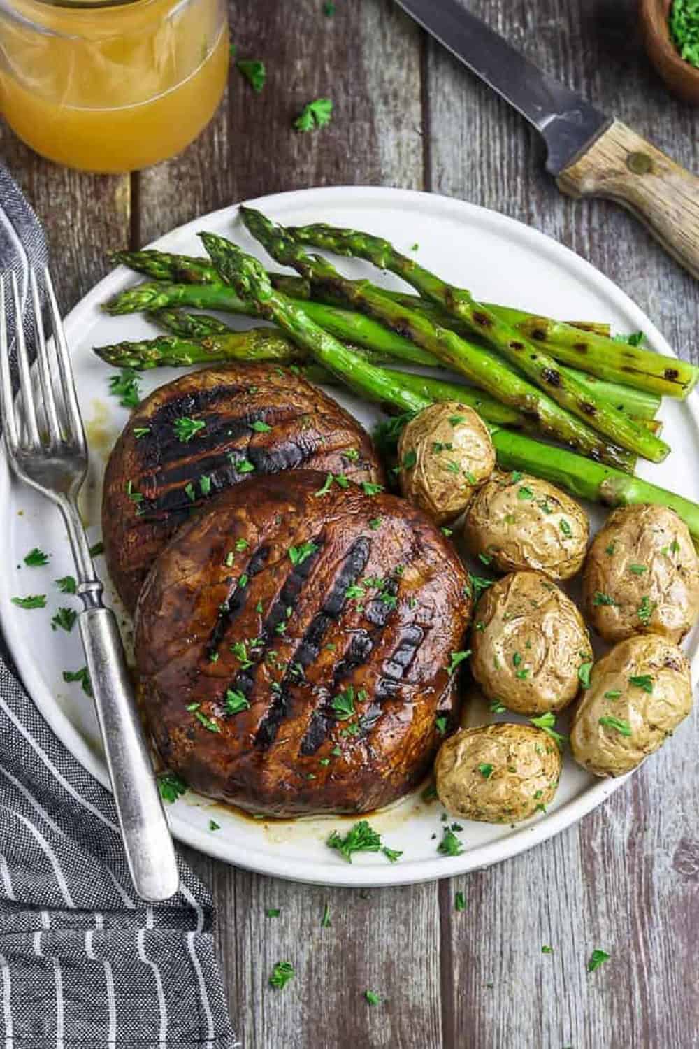 grilled portobello mushroom steaks vegan plant-based meaty umami balsamic marinade vegetarian BBQ main charred