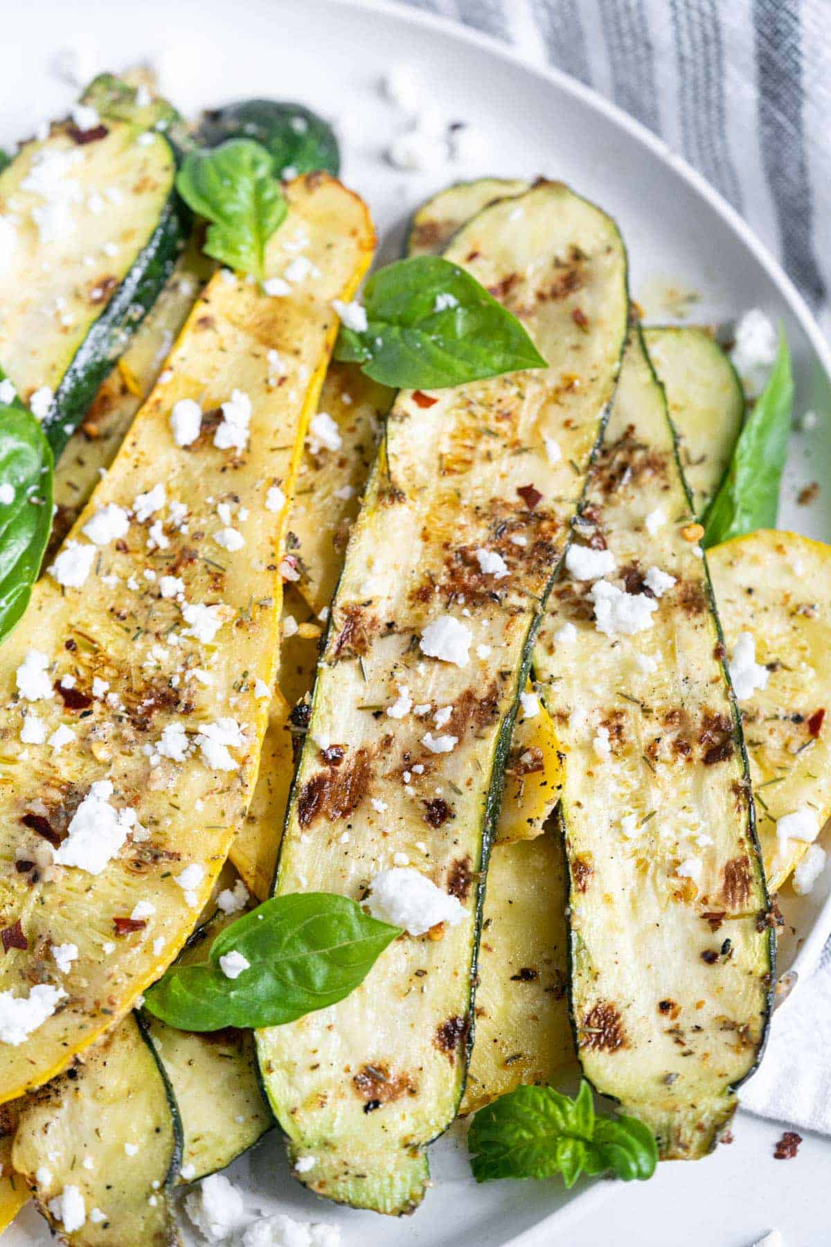 grilled zucchini yellow squash summer side dish lemon herbs feta light healthy quick 20-minute BBQ vegetable