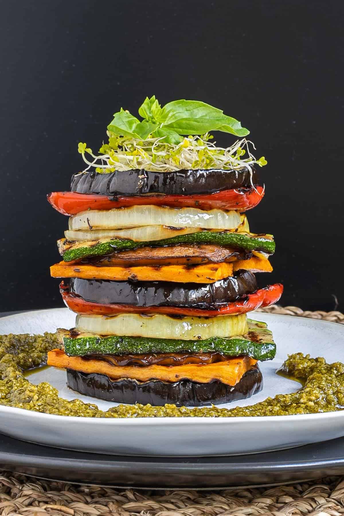 grilled vegetable napoleon stacked eggplant zucchini bell pepper basil pesto vegetarian elegant entertaining showpiece