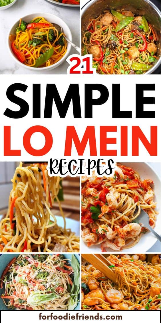 Collage of six lo mein noodle dishes featuring colorful vegetables, proteins, and garnishes in bowls and on plates.