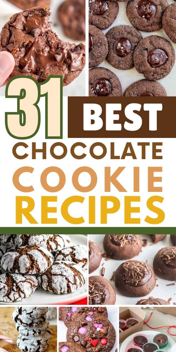 Collection of 31 chocolate cookie recipes displayed in a grid format showcasing various styles and presentations.