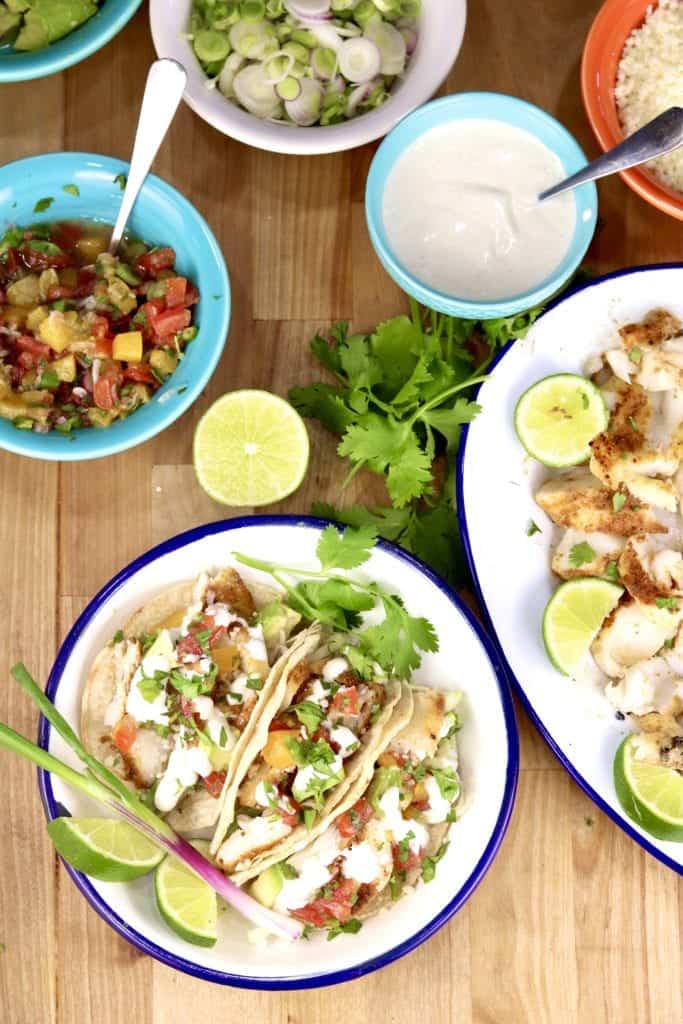 grilled fish tacos Baja-style cabbage slaw lime crema chipotle Mexican-inspired summer fresh light healthy beach