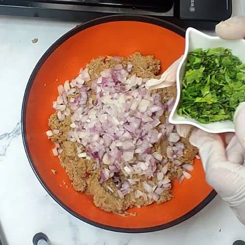 Shami kebab mixture with diced red onions in orange bowl, fresh cilantro garnish on white plate.
