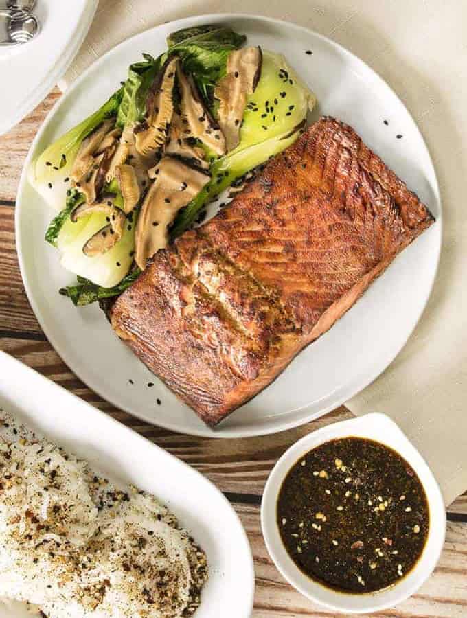air fryer salmon bok choy keto low-carb shiitake mushrooms sesame oil Asian-inspired one-pan complete healthy meal