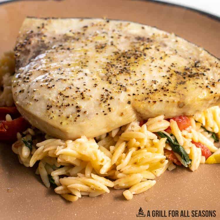 air fryer swordfish meaty steak-like Mediterranean lemon herbs garlic 8-minute weeknight firm protein-packed substantial