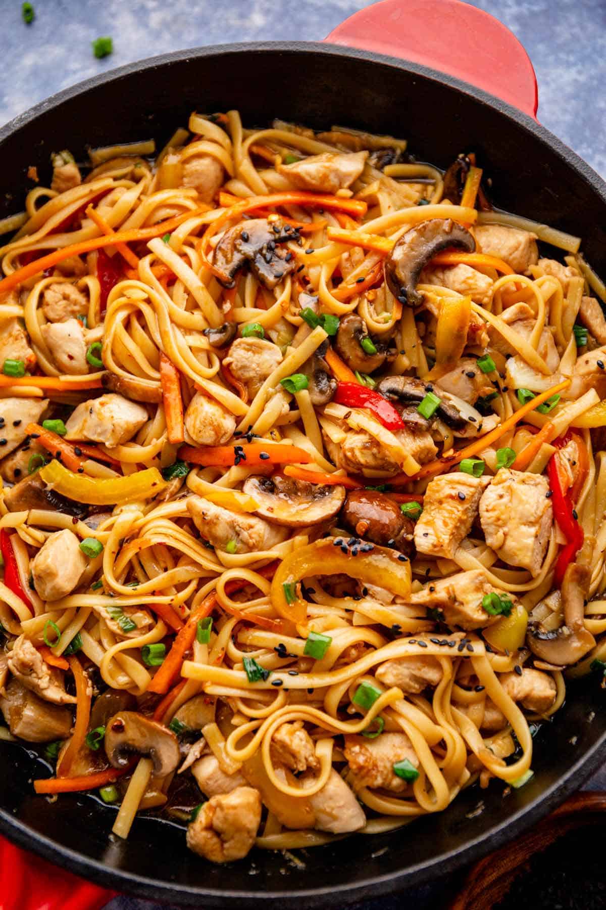 Chicken lo mein with noodles, mushrooms, bell peppers, and green onions in a black wok.