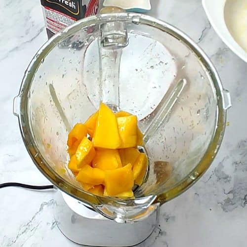 Mango cubes in blender jug