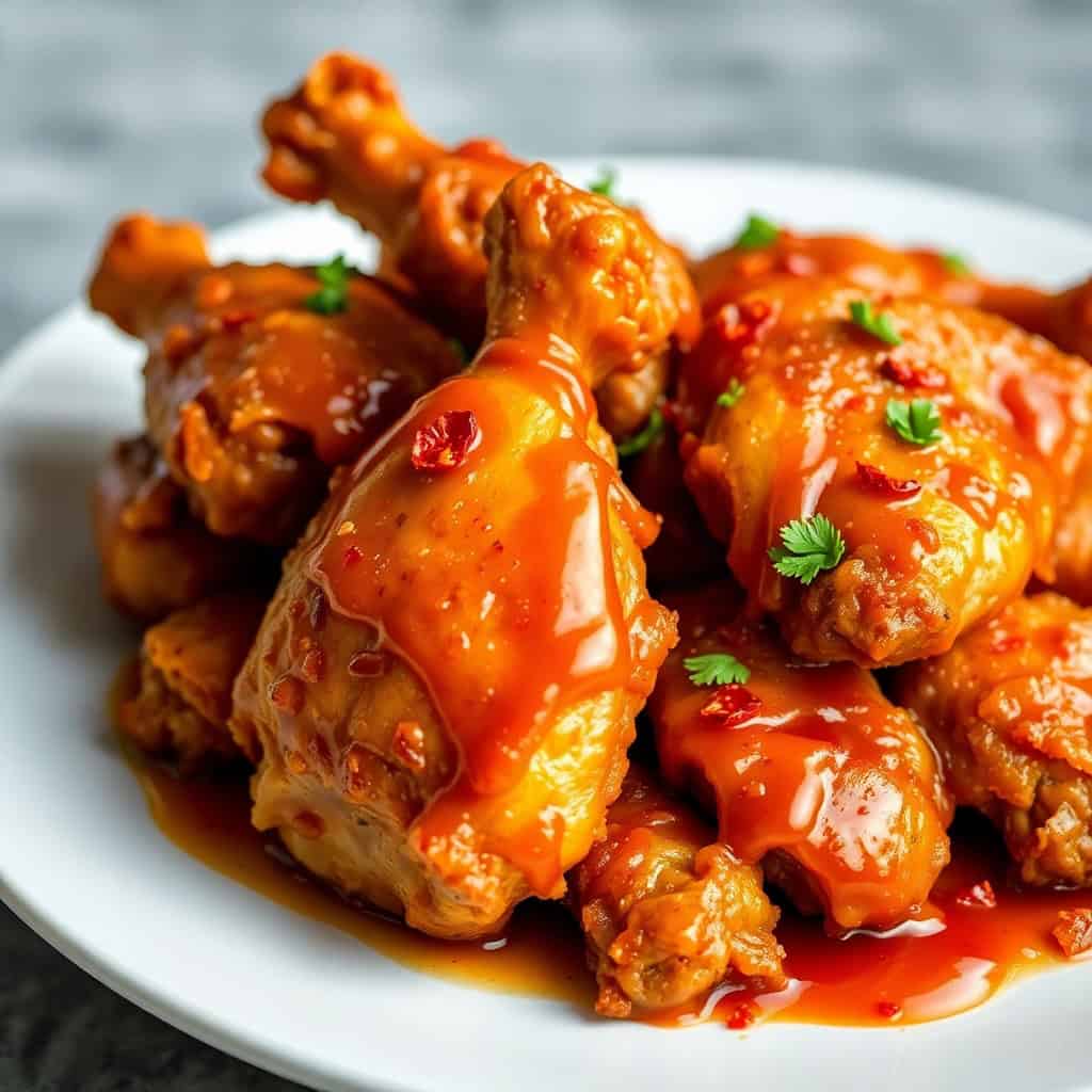 Baked crunchy hot honey chicken legs glazed in spicy red sauce, garnished with cilantro on white plate.