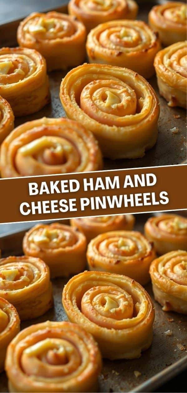 Golden-brown baked ham and cheese pinwheels arranged on parchment paper, displaying spiral pastry texture.