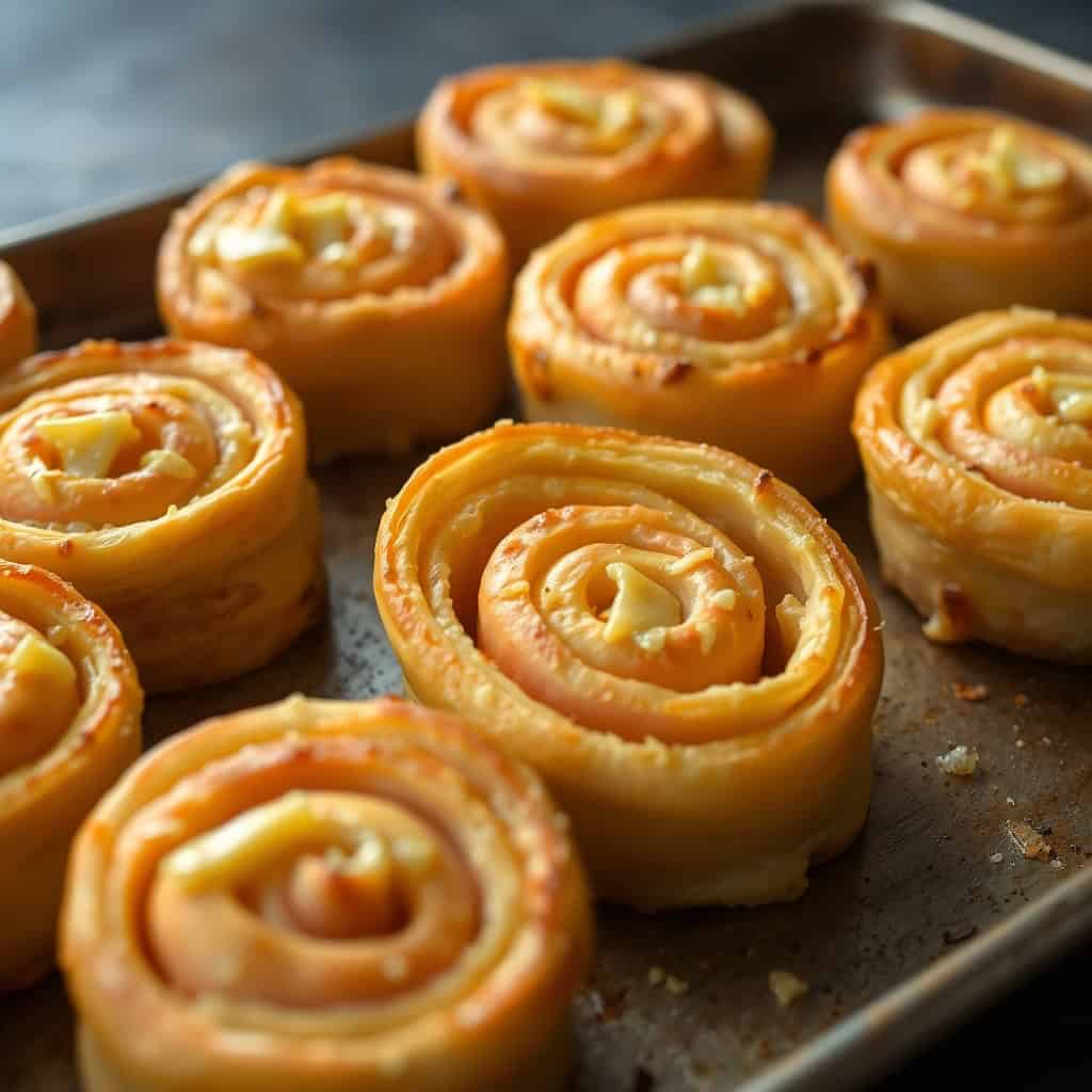 Golden-brown baked ham and cheese pinwheels arranged on a dark baking sheet, showing spiral pastry layers.
