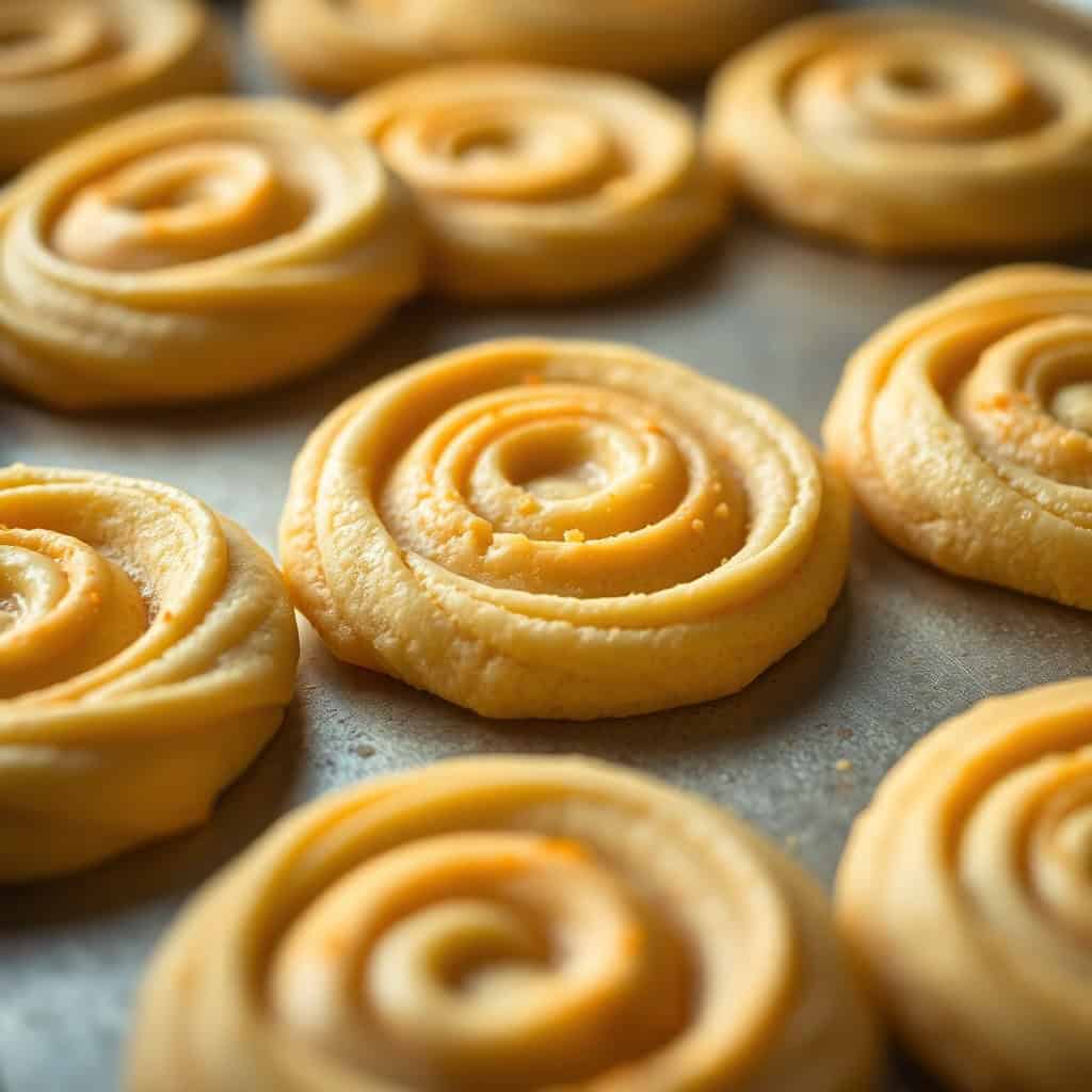 Golden spiral butter cookies arranged on parchment paper, showcasing their flaky, layered texture.