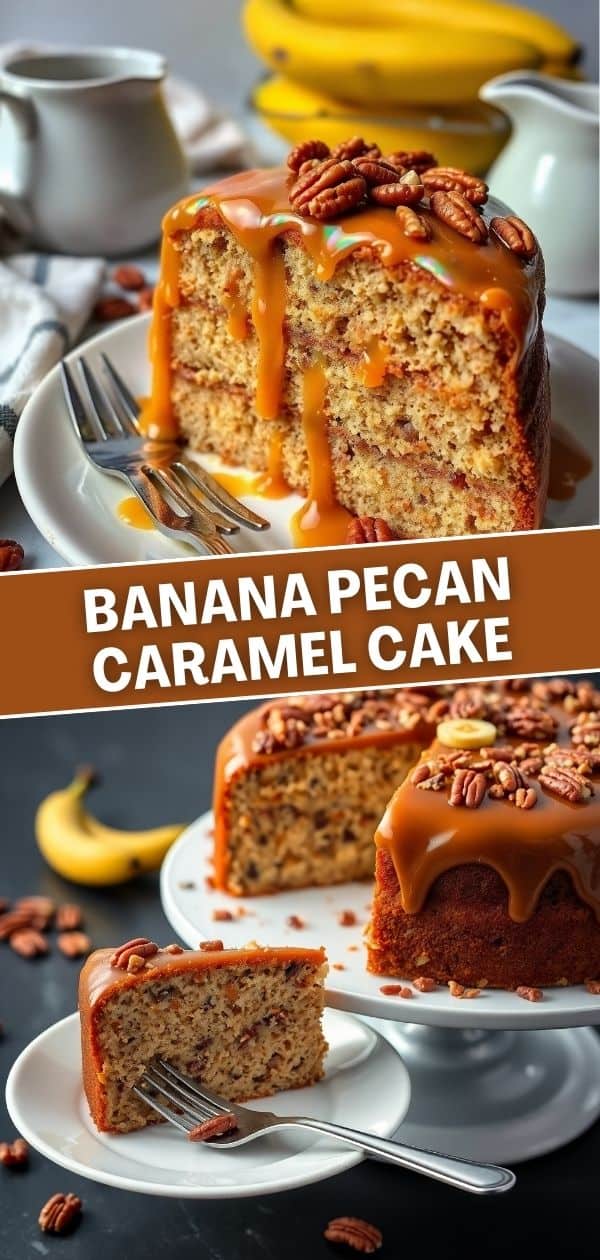Banana pecan caramel cake with caramel drip, topped with pecans, served on white plates with forks.