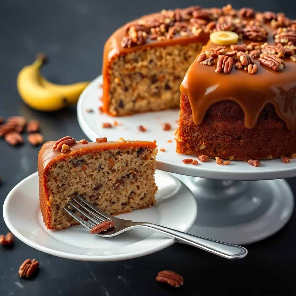 Sliced banana pecan caramel cake with caramel glaze and pecan topping on white plates.