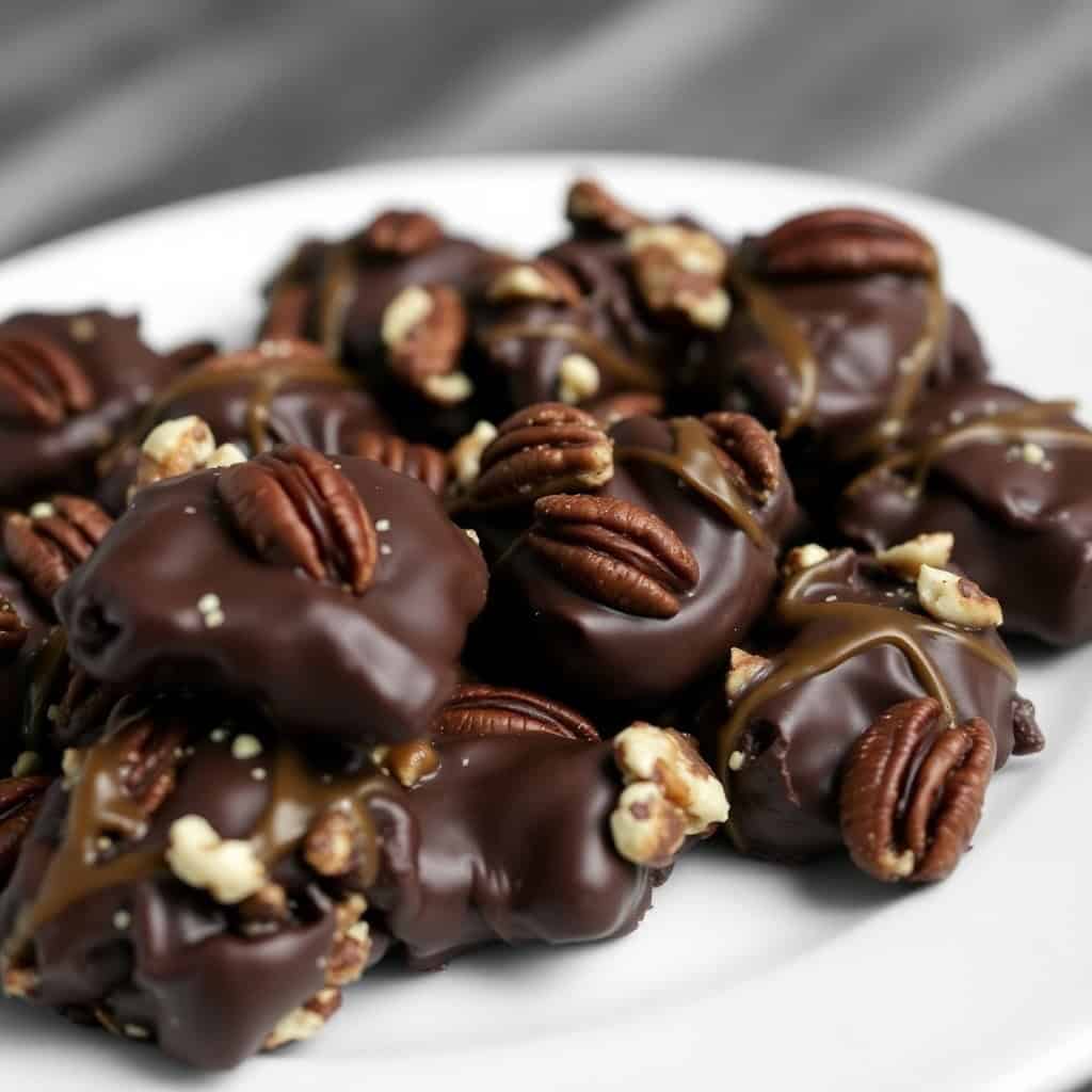 Chocolate pecan turtle clusters arranged on white plate with caramel and nuts visible.