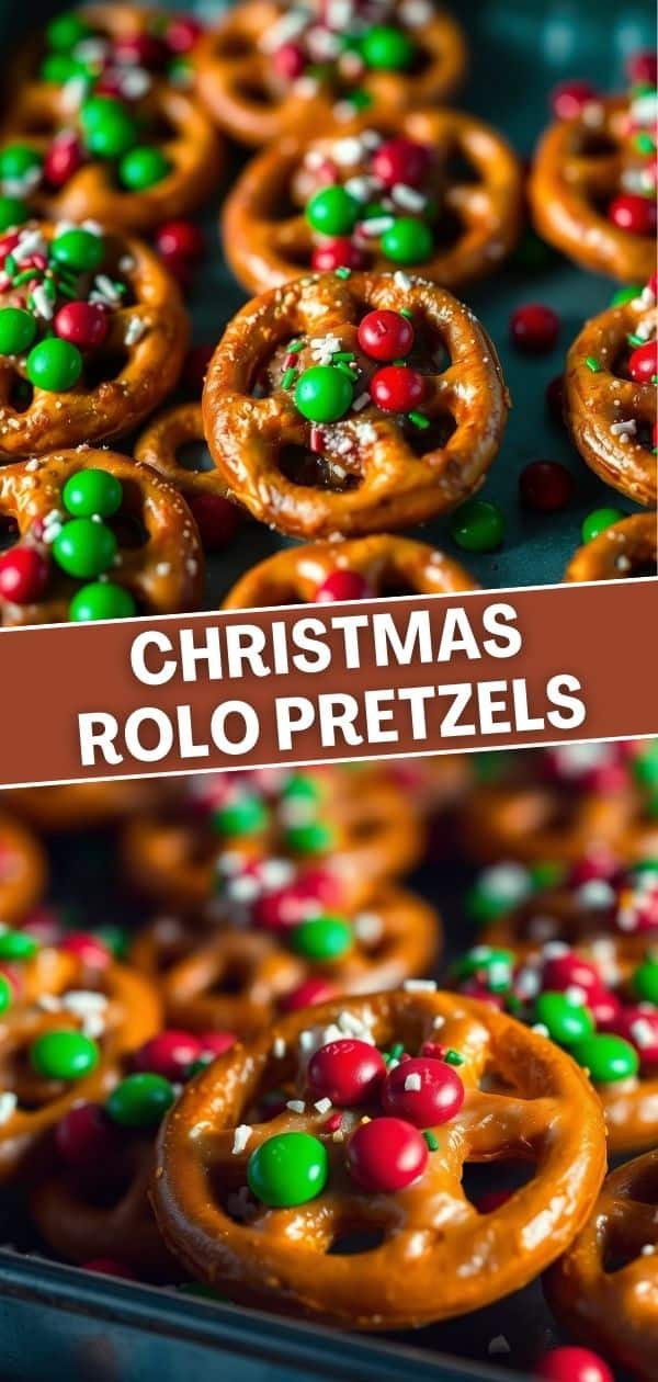 Christmas Rolo pretzels decorated with red and green pearl candies and white sprinkles on dark surface.