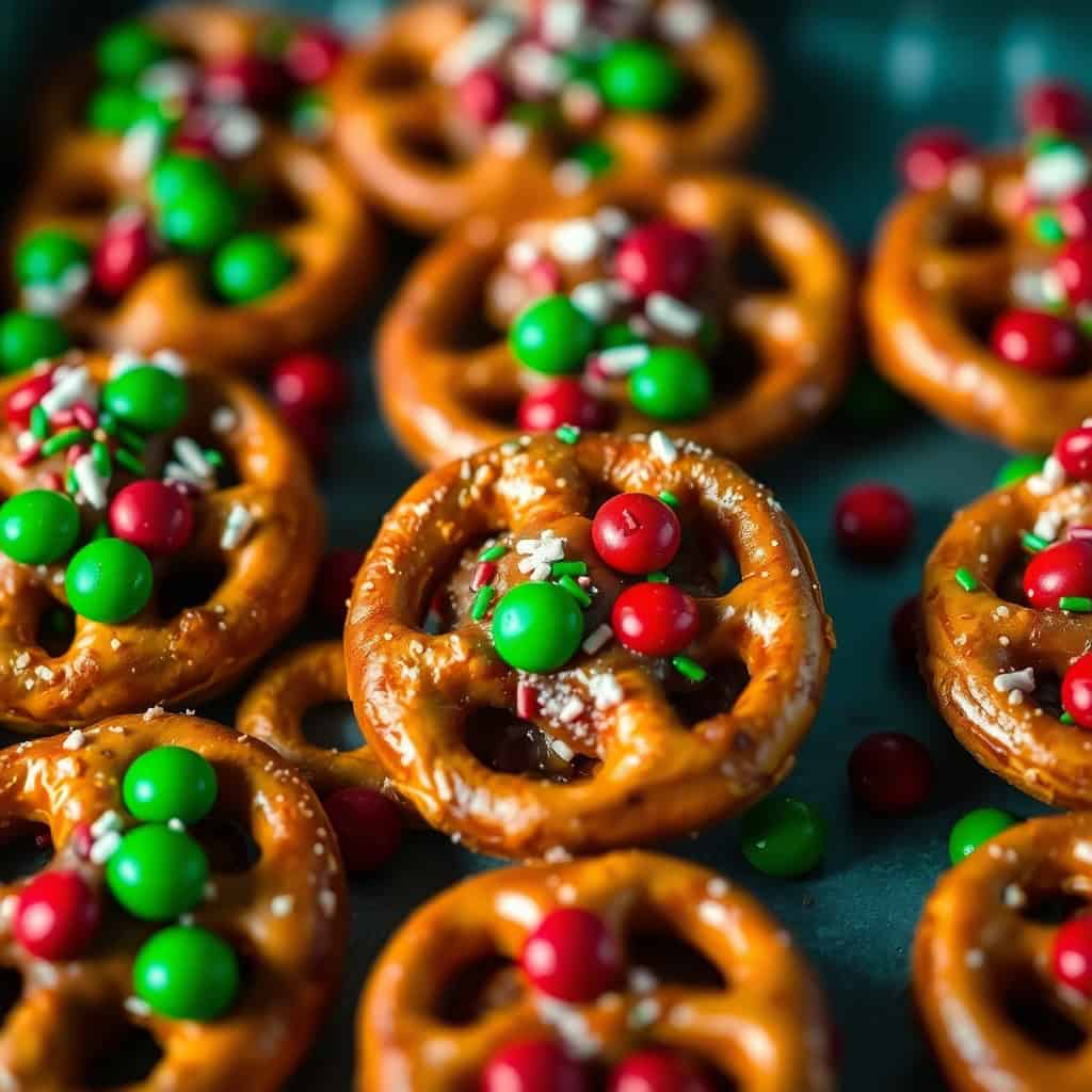 Christmas Rolo pretzels decorated with red and green pearl candies and white sprinkles on dark surface.