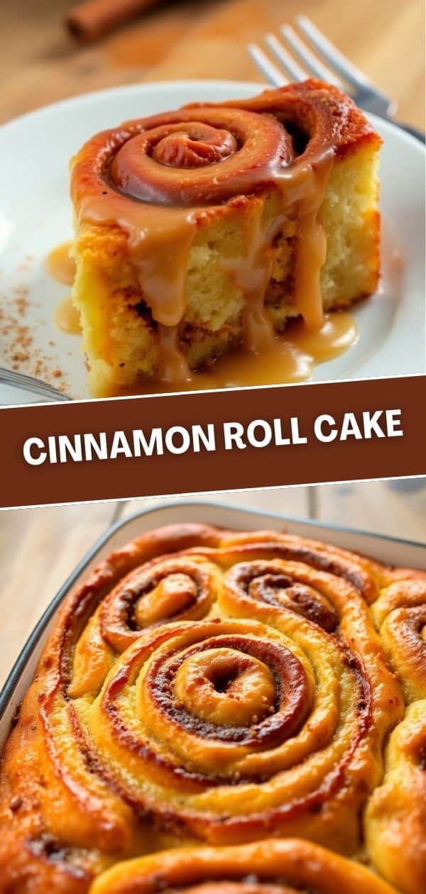 Cinnamon roll cake with caramel glaze on white plate and baked rolls in pan.