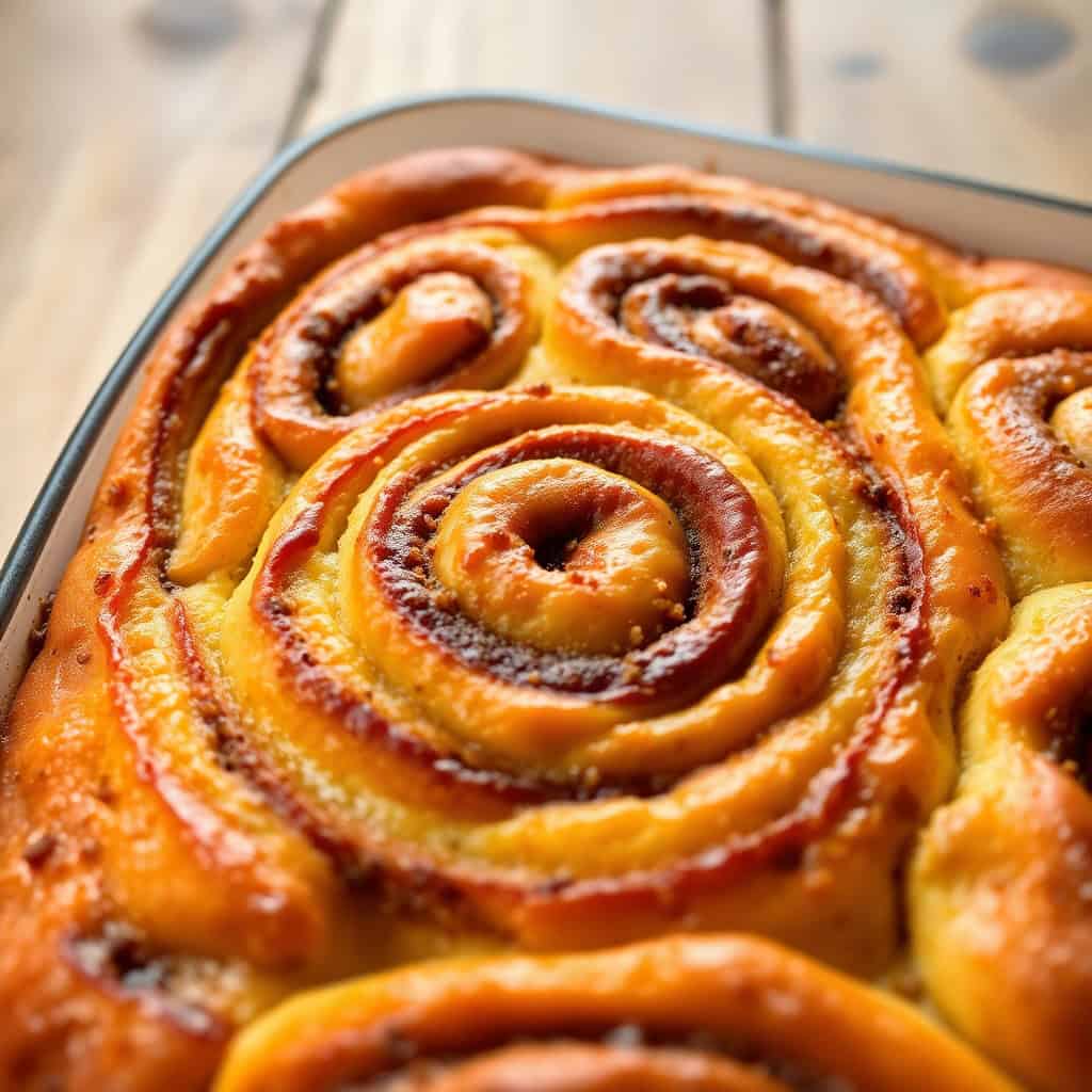 Freshly baked cinnamon roll cake with golden-brown spiral swirls in a metal baking pan.