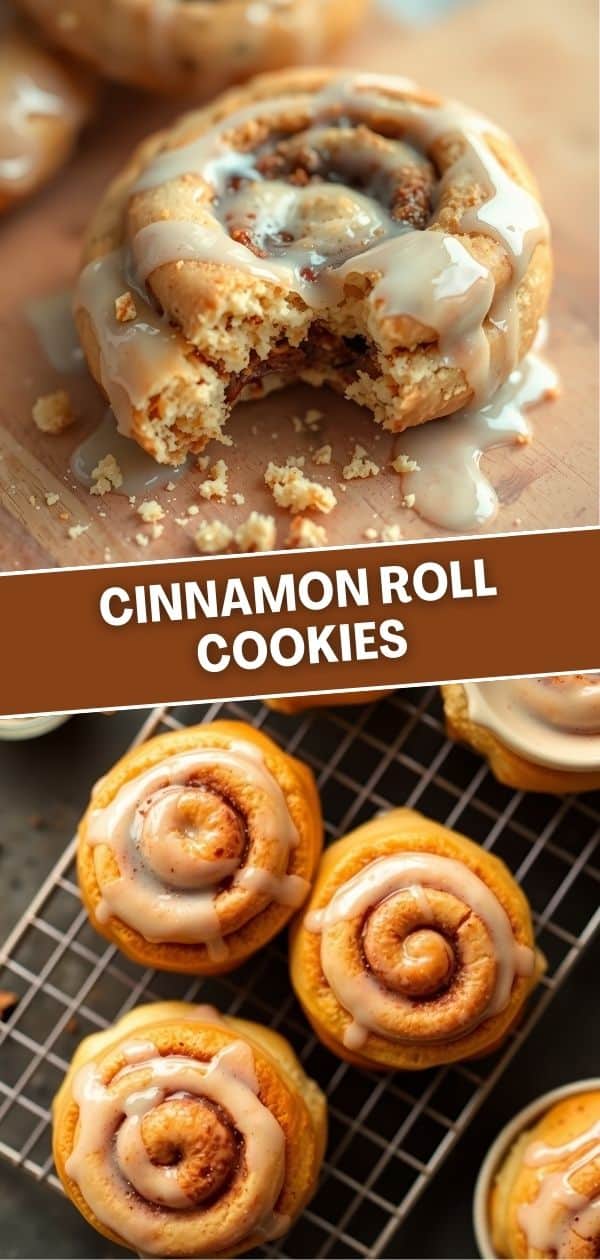 Cinnamon roll cookies with white icing glaze on cooling rack and wooden surface.