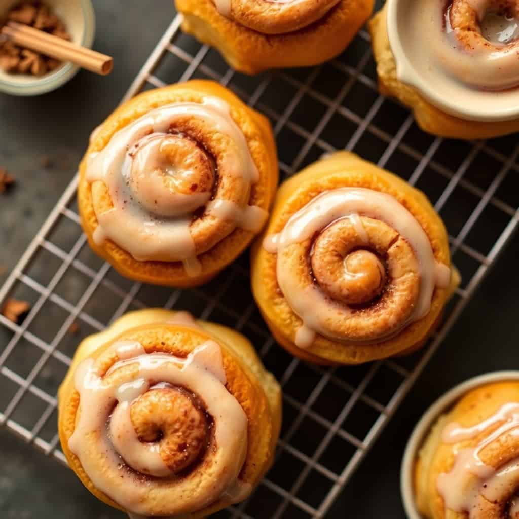 Cinnamon roll cookies with swirl pattern and glaze on cooling rack with cinnamon sticks nearby.