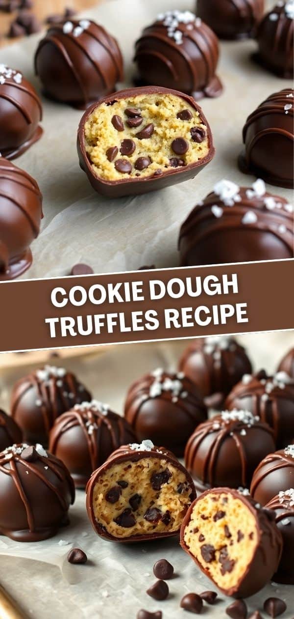 Cookie dough truffles with chocolate coating, halved to show chocolate chip filling, garnished with sea salt.