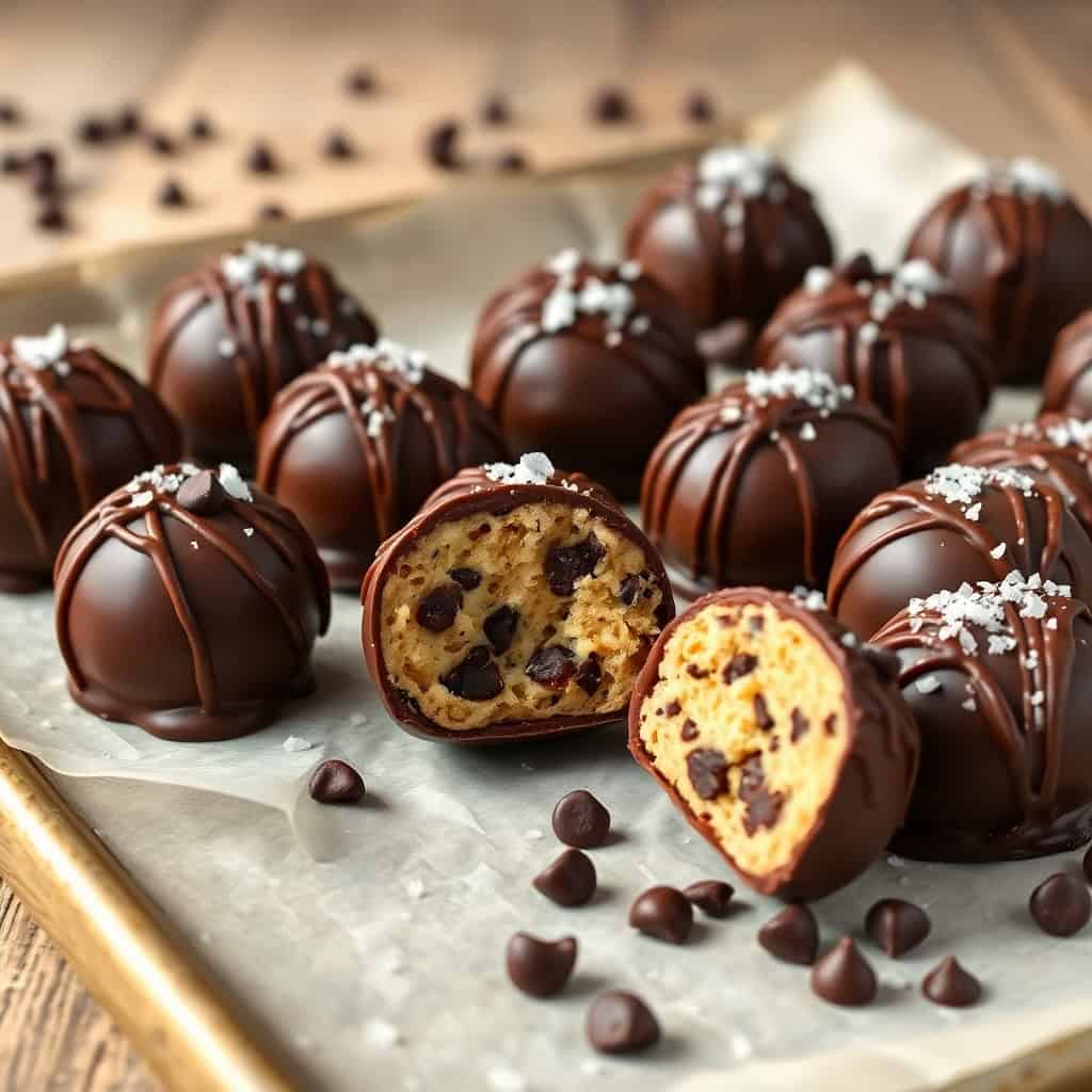 Chocolate cookie dough truffles with white sprinkles, one cut in half revealing chocolate chips inside, on parchment paper.